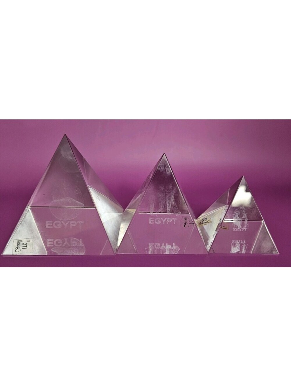 Three Laser Engraved Glass Great Pyramids Egyptian Scenes 2.5", 2.25", 1.75" Set